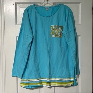 crown & ivy Turquoise Long Sleeve raw hem Tunic with Tropical Pocket